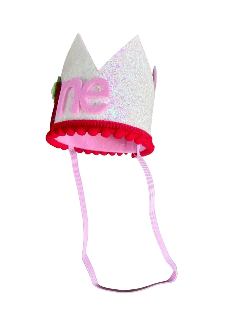 Pink and White Sparkle Strawberry 1st Birthday Crown
